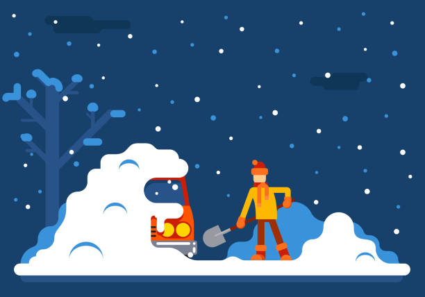 ilustrações de stock, clip art, desenhos animados e ícones de winter man digs car out of snow background flat design - snow digging horizontal people