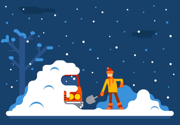 зимний человек выкапывает автомобиль из снега фон плоский дизайн - snow digging horizontal people stock illustrations