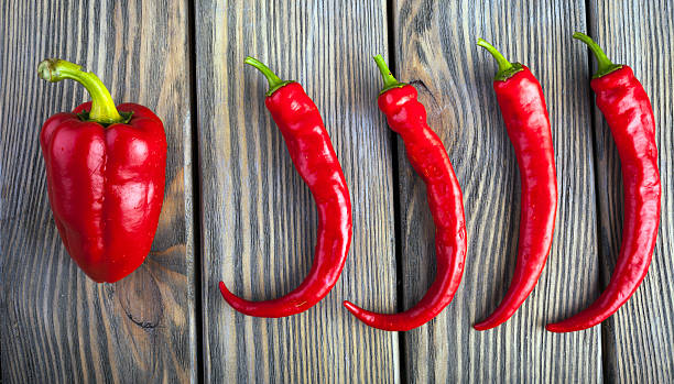 istock Red hot chili and Bell peppers on wood background 610854920