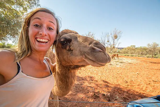 Young woman in the Australian outback takes a selfie portrait with a camel.