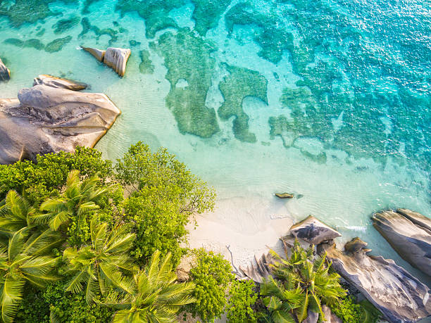 Aerial photo of Seychelles beach at La Digue Aerial photo of Seychelles tropical beach Anse Source D Argent at La Digue island la digue island photos stock pictures, royalty-free photos & images