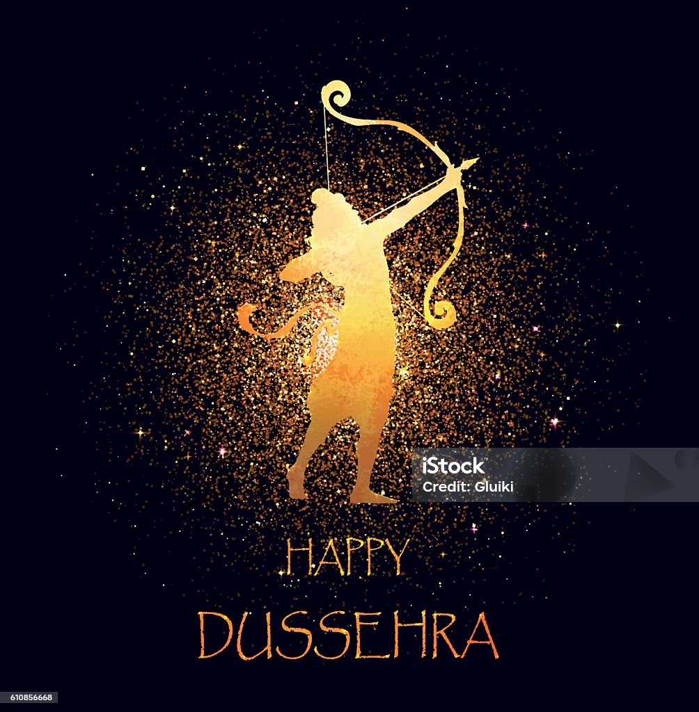 Gold Lord Rama, Happy Dussehra celebration card. Happy Dussehra celebration card for Indian Festival. Gold Lord Rama taking aim with bow and arrow, killing Ravana. Holyday background. Hand drawn Vector illustration. Dussehra stock vector