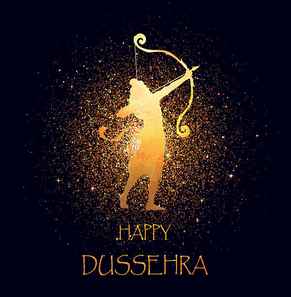 Gold Lord Rama, Happy Dussehra celebration card. Happy Dussehra celebration card for Indian Festival. Gold Lord Rama taking aim with bow and arrow, killing Ravana. Holyday background. Hand drawn Vector illustration. dussehra stock illustrations