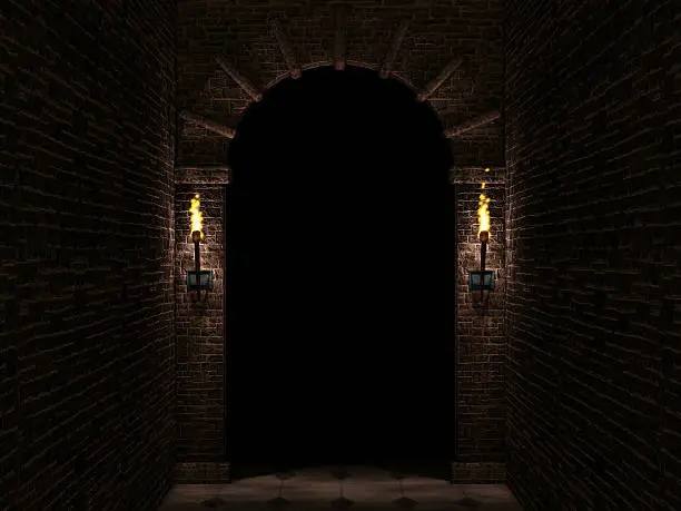 Medieval castle arch with columns and torches 3d illustration.