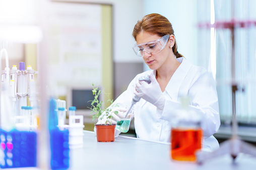 Woman in laboratory, examining new potions for the scientific research at university. Woman is wearing protective mask and protective gloves (Surgical gloves) while working with beakers, test tubes and other lab equipment. Series of images, taken with Nikon D800 and 50mm or 85 mm professional lens, developed from RAW.