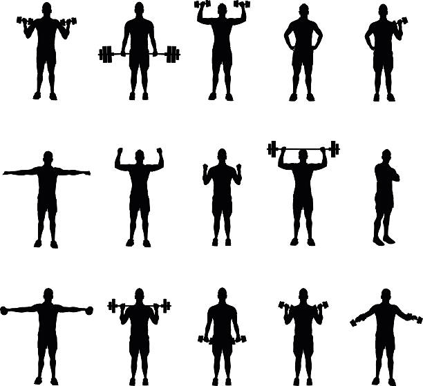 group of fitness silhouettes group of fitness silhouettes gym silhouettes stock illustrations