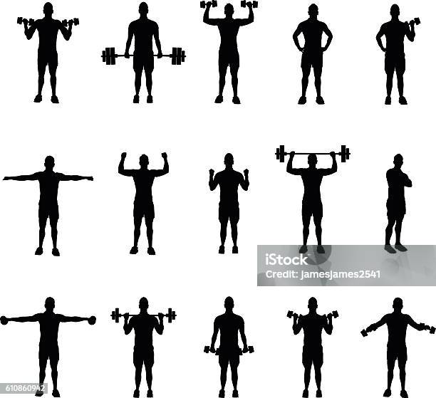 Group Of Fitness Silhouettes Stock Illustration - Download Image Now - In Silhouette, Exercising, Men
