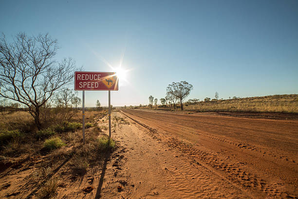 istock Reduce speed for Camels warning sign, Australia 610861558