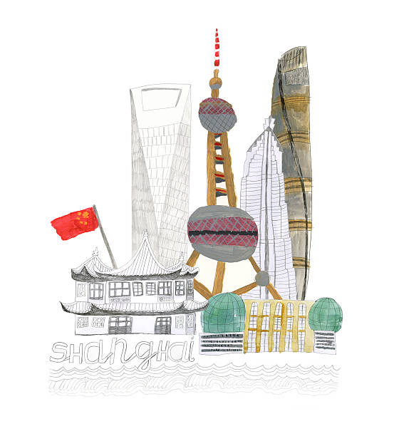 illustrazioni stock, clip art, cartoni animati e icone di tendenza di illustrazione della città di shanghai in cina - huangpu district illustrations
