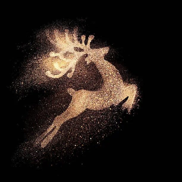Flying reindeer made from golden glitter, photo compilation, selective focus. 