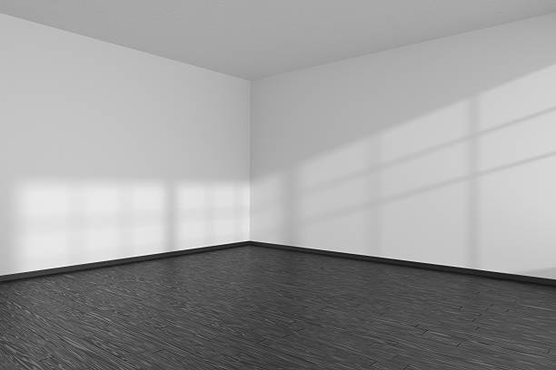istock Empty room corner with black parquet floor and white walls 610862696