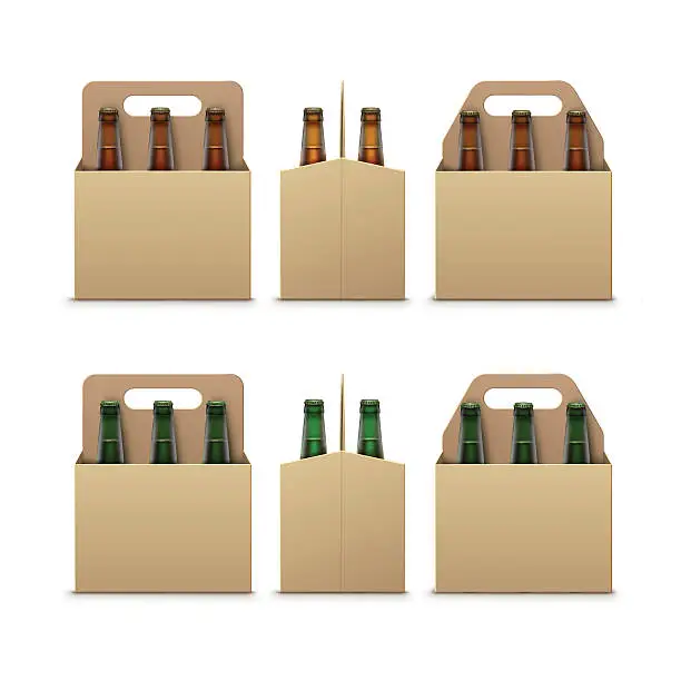 Vector illustration of Brown Green Bottles of Light Dark Beer with Carton Packaging