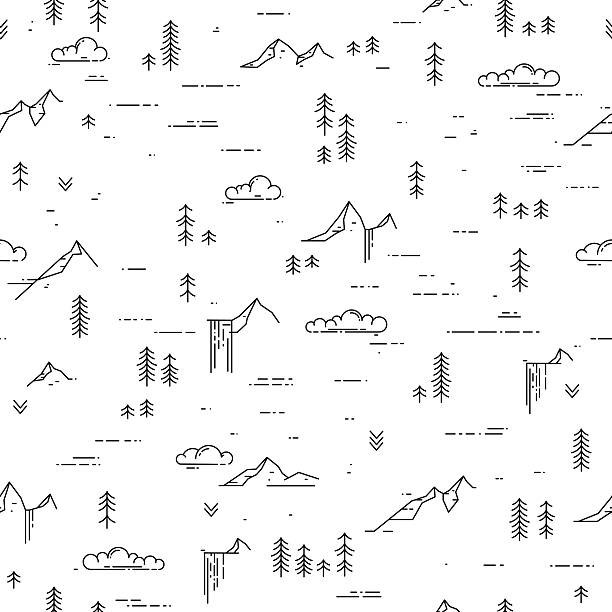 Black and white outdoor seamless background Vector linear seamless pattern with wild landscape elements. Waterfall, mountains, pine trees and clouds. Black and white outdoor seamless background hiking designs stock illustrations