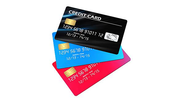 istock three Credit Cards  isolated on white background 610868026