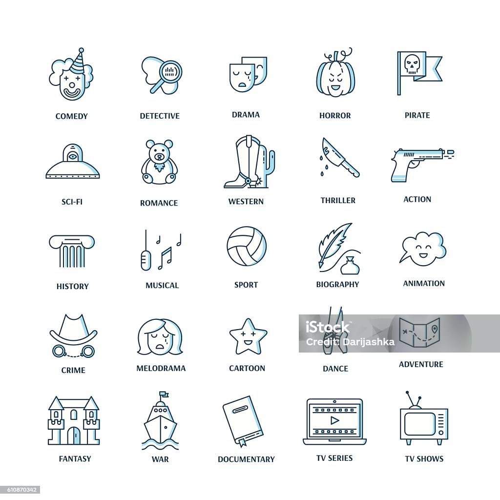 Film genre icon set Vector set of movie genres line icons isolated on white background. Different film genre elements perfect for infographic or mobile app Movie stock vector