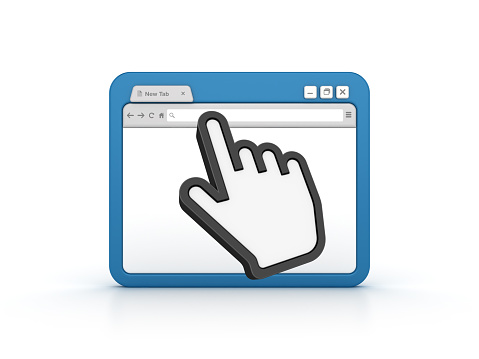 Internet Browser with Computer Hand Cursor  on White Background