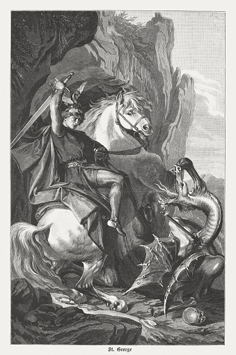 St George's Battle with the Dragon. Wood engraving after a drawing by Ludwig Glötzle (German painter, 1847 - 1929). Wood engraving after a painting by Gustav Spangenberg (German painter, 1828 - 1891), published in 1882.