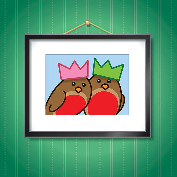 ilustrações de stock, clip art, desenhos animados e ícones de couple of robins wearing party hats in picture frame - photograhy