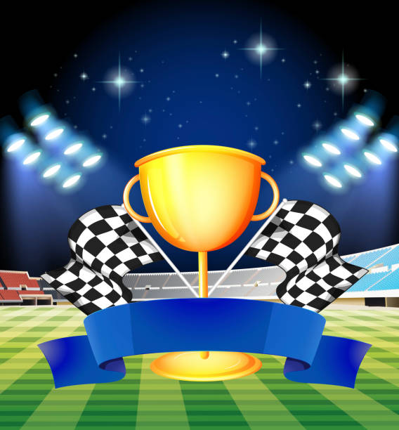 istock Golden trophy and blue ribbon with stadium background 610873228