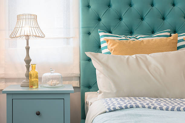 istock modern colorful bedroom design with lamp on blue table 610874972