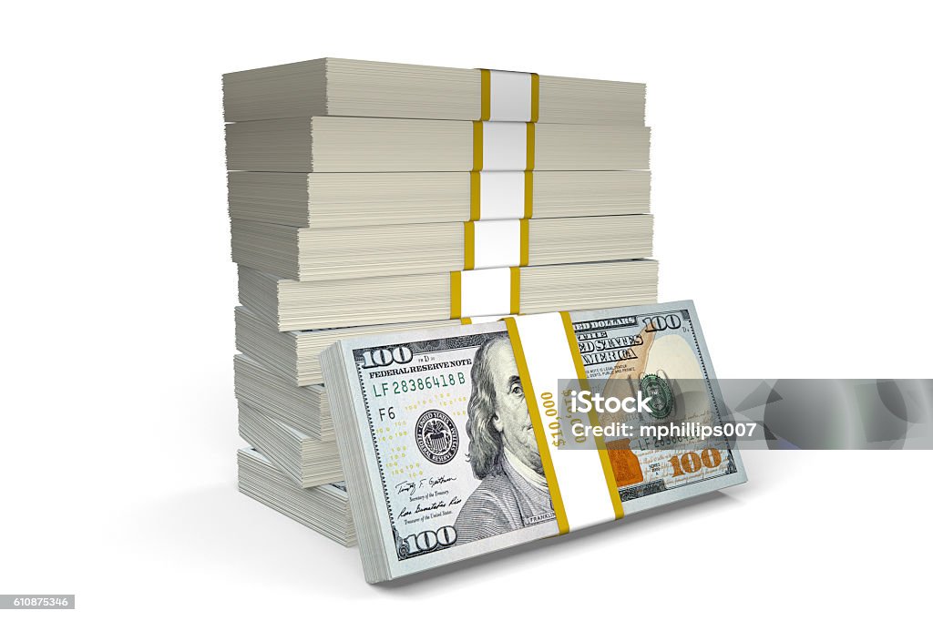 Stack of Money $100,000 Dollars Stack of Money.  Bundles of ten thousand dollars totaling $100000 on a white background with clipping path.   Stack Stock Photo