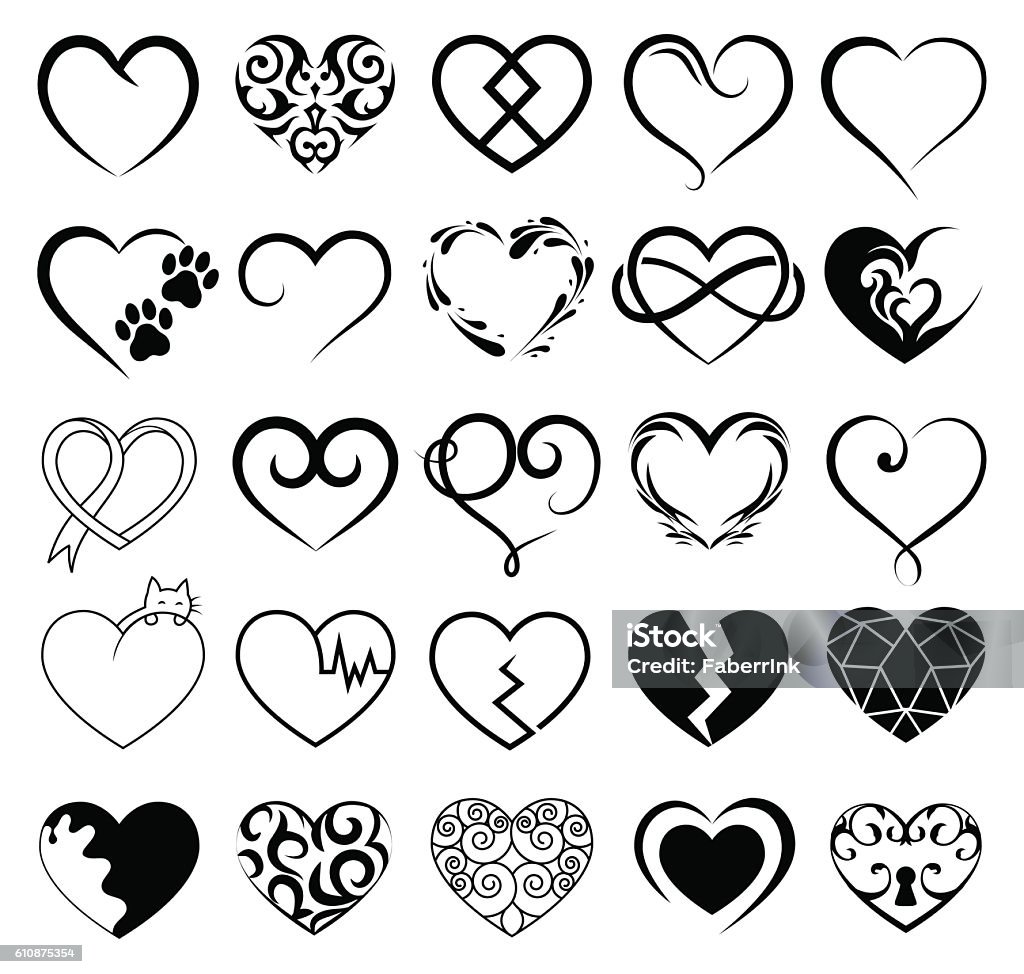 Ensemble de 25 cœurs de tatouage image. Symbole vectoriel - clipart vectoriel de Tatouage libre de droits