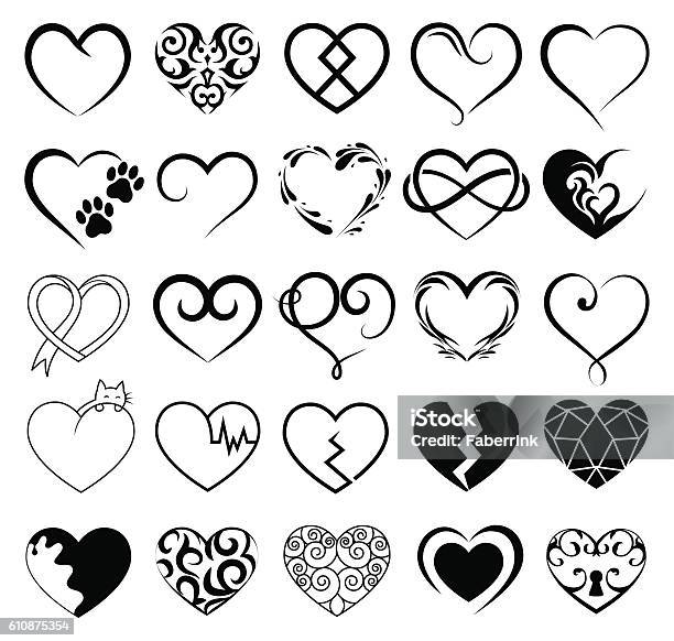 Ensemble De 25 Cœurs De Tatouage Image Symbole Vectoriel Vecteurs libres de droits et plus d'images vectorielles de Tatouage
