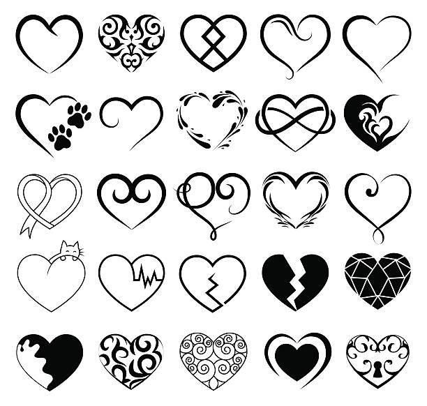 ilustrações, clipart, desenhos animados e ícones de conjunto de 25 corações tatuados imagem. símbolo vetorial - ornate swirl heart shape beautiful