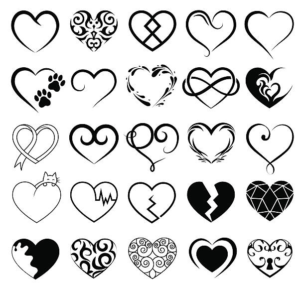 Set of 25 tattoo hearts image. Vector symbol Set of 25 tattoo hearts image. Vector symbol. tattoo silhouettes stock illustrations