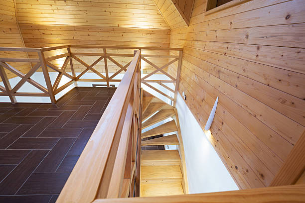 istock Wooden stairs in a mountain home 610875614