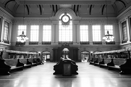 Hoboken, New Jersey, USA - April 11, 2016: A view of the inside of the Hoboken Terminal Waiting Room with its beautiful architectural details
