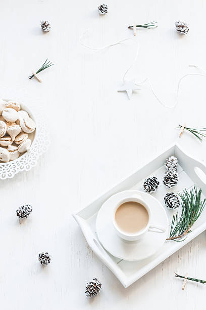 istock Cup of coffee, cones, christmas tree branchs.Top view, flat lay 610879262