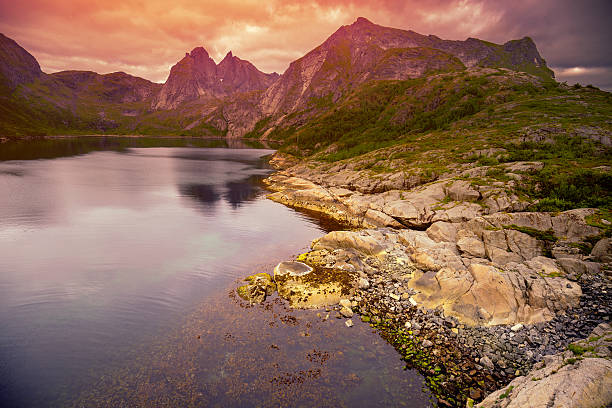 istock Fjord at sunset, Rocky beach in evening, Norway 610881270