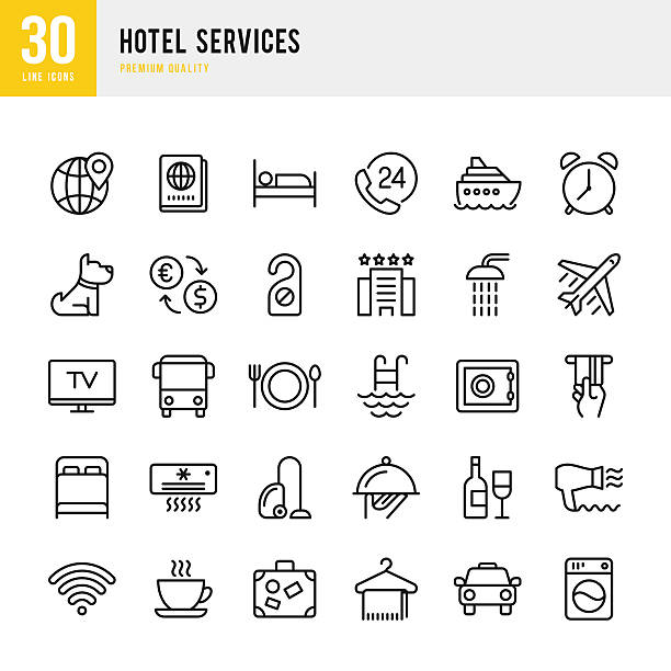 hotel services - satz von dünnen linien-vektor-symbole - do not disturb sign illustrations stock-grafiken, -clipart, -cartoons und -symbole