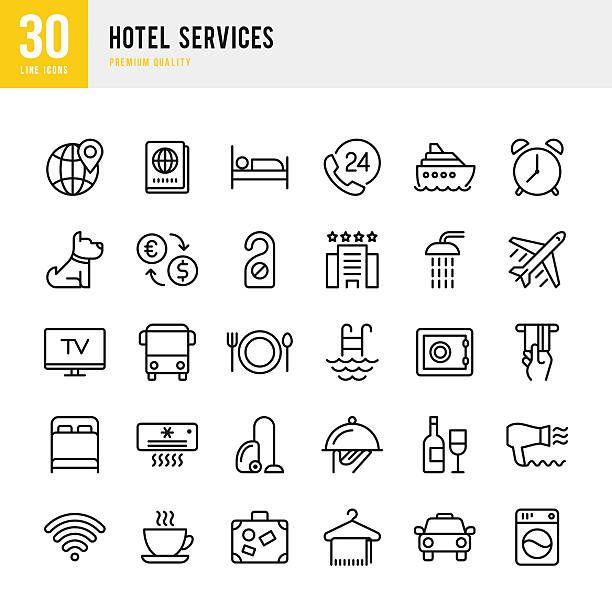 illustrazioni stock, clip art, cartoni animati e icone di tendenza di hotel services - set di icone vettoriali a linea sottile - globe and alarm clock