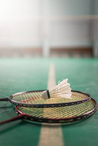 istock Badminton ball (shuttlecock) and racket on court floor 610882826