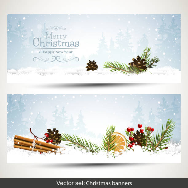 Christmas banners Vector set of two Christmas banners with branches and traditional decorations in winter landscape religious christmas greetings stock illustrations