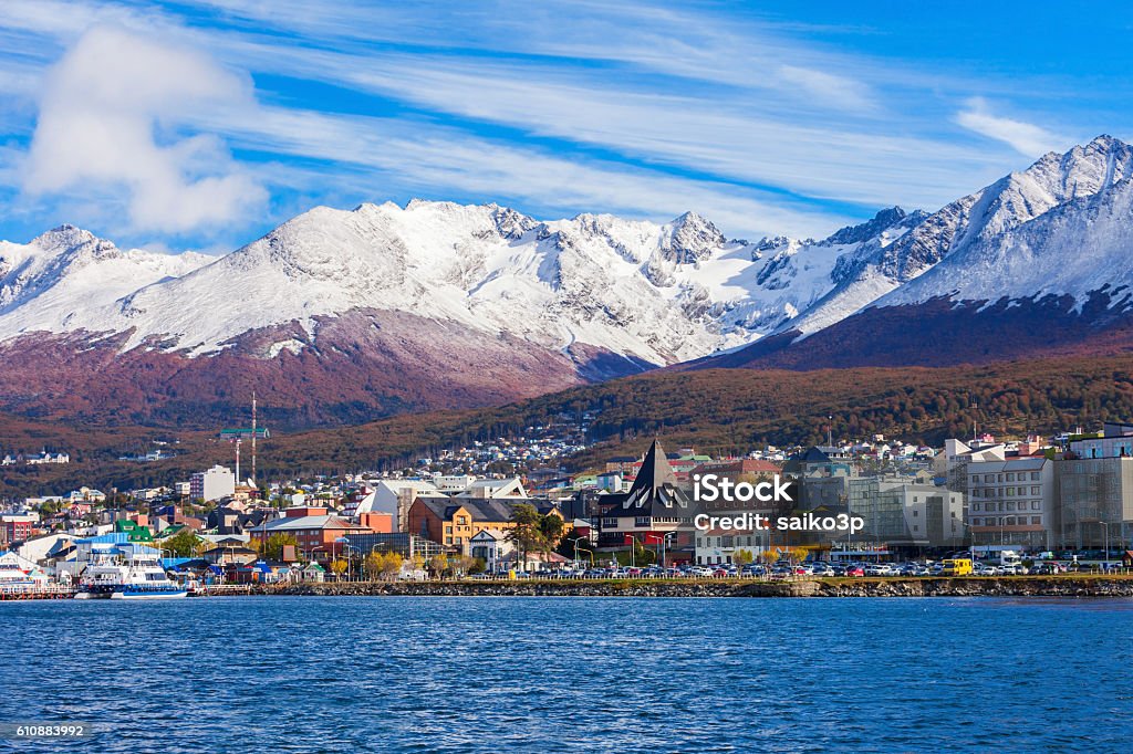 Ushuaia aerial view, Argentina Ushuaia aerial view. Ushuaia is the capital of Tierra del Fuego province in Argentina. Argentina Stock Photo