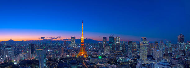 Tokyo area dense building nightscape and Tokyo tower stock photo