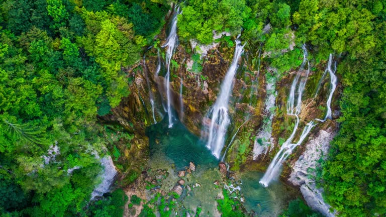 AERIAL: Waterfall in Plitvice Lakes National Park