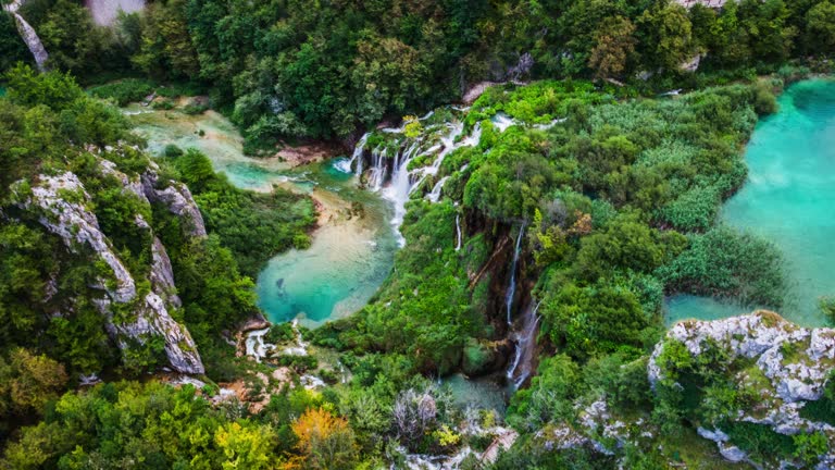 AERIAL:Plitvice Lakes National Park in Croatia