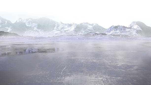 lago congelado con montañas rocosas cubiertas de nieve circundantes - overclouded fotografías e imágenes de stock