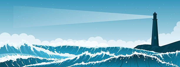 ilustrações, clipart, desenhos animados e ícones de fundo de paisagem marítima tempestuosa com farol - lighthouse storm sea panoramic