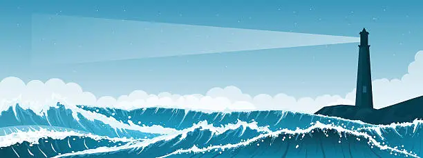 Vector illustration of Stormy seascape background with lighthouse
