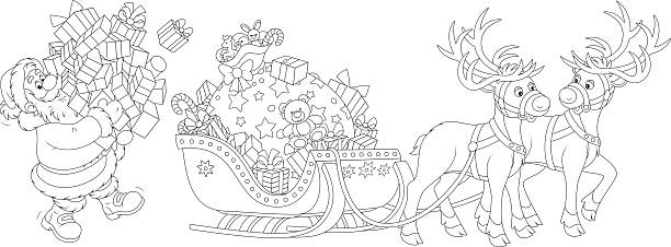 Santa loading gifts Santa Claus carrying a pile of Christmas gifts to load his sleigh coloring book page illlustration technique illustrations stock illustrations