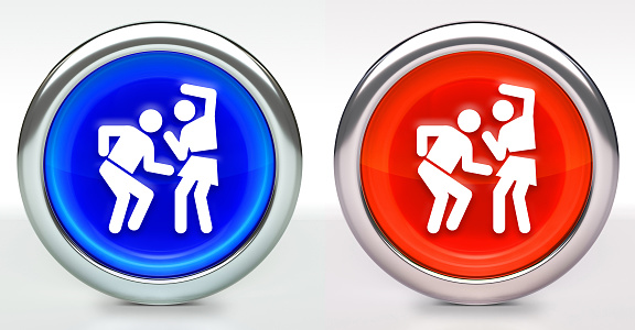 Man and Woman Dancing Icon on Button with Metallic Rim. The icon comes in two versions blue and red and has a shiny metallic rim. The buttons have a slight shadow and are on a white background. The modern look of the buttons is very clean and will work perfectly for websites and mobile aps.