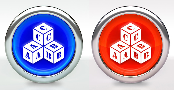 Stacked Letter Blocks Icon on Button with Metallic Rim. The icon comes in two versions blue and red and has a shiny metallic rim. The buttons have a slight shadow and are on a white background. The modern look of the buttons is very clean and will work perfectly for websites and mobile aps.