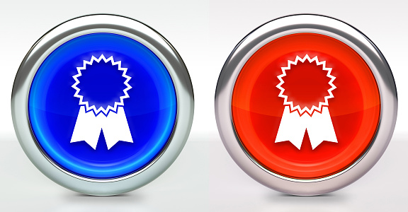 Award Ribbon Icon on Button with Metallic Rim. The icon comes in two versions blue and red and has a shiny metallic rim. The buttons have a slight shadow and are on a white background. The modern look of the buttons is very clean and will work perfectly for websites and mobile aps.