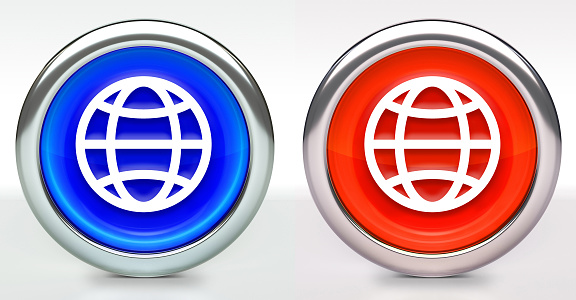 Globe Icon on Button with Metallic Rim. The icon comes in two versions blue and red and has a shiny metallic rim. The buttons have a slight shadow and are on a white background. The modern look of the buttons is very clean and will work perfectly for websites and mobile aps.
