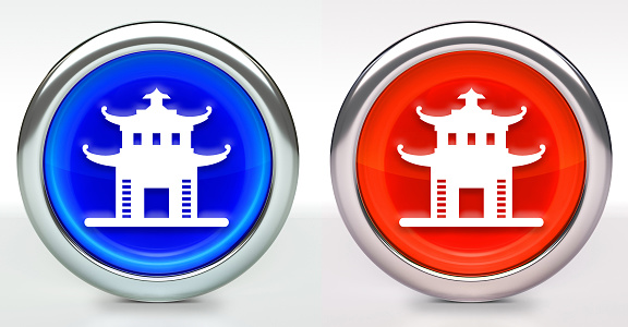 Chinese Architecture Icon on Button with Metallic Rim. The icon comes in two versions blue and red and has a shiny metallic rim. The buttons have a slight shadow and are on a white background. The modern look of the buttons is very clean and will work perfectly for websites and mobile aps.